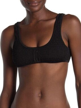 Kendall & Kylie Black Henley Smocked Bikini Top